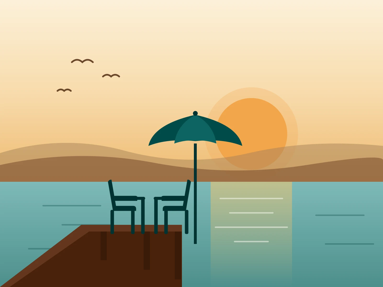 A retired couple relaxing by a Nebraska lake at sunset